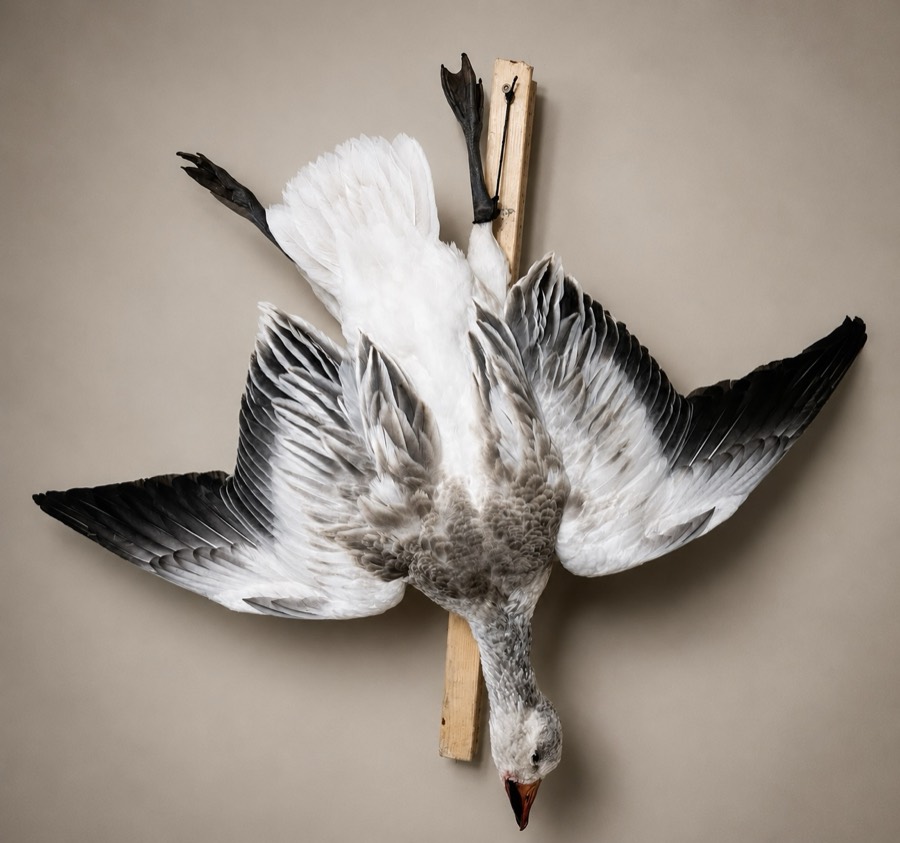 Snow goose dead mount, white body and black wingtips, hung head down by the feet with wings spread.
