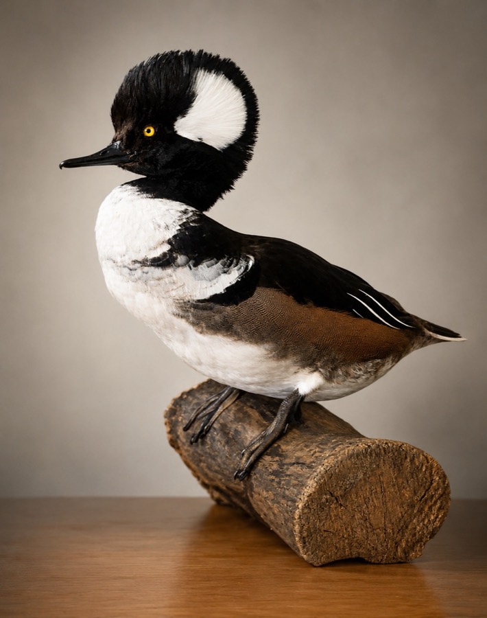 Hooded merganser drake mounted standing on a driftwood base, crest laid back.