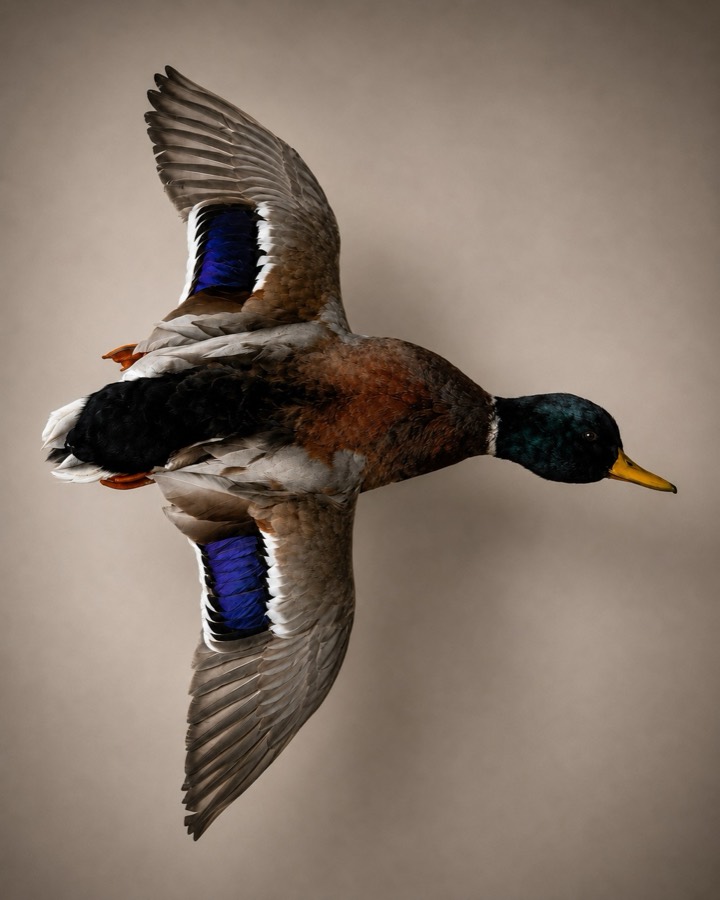 Mallard drake mounted in flight, green head and blue wing patches showing.