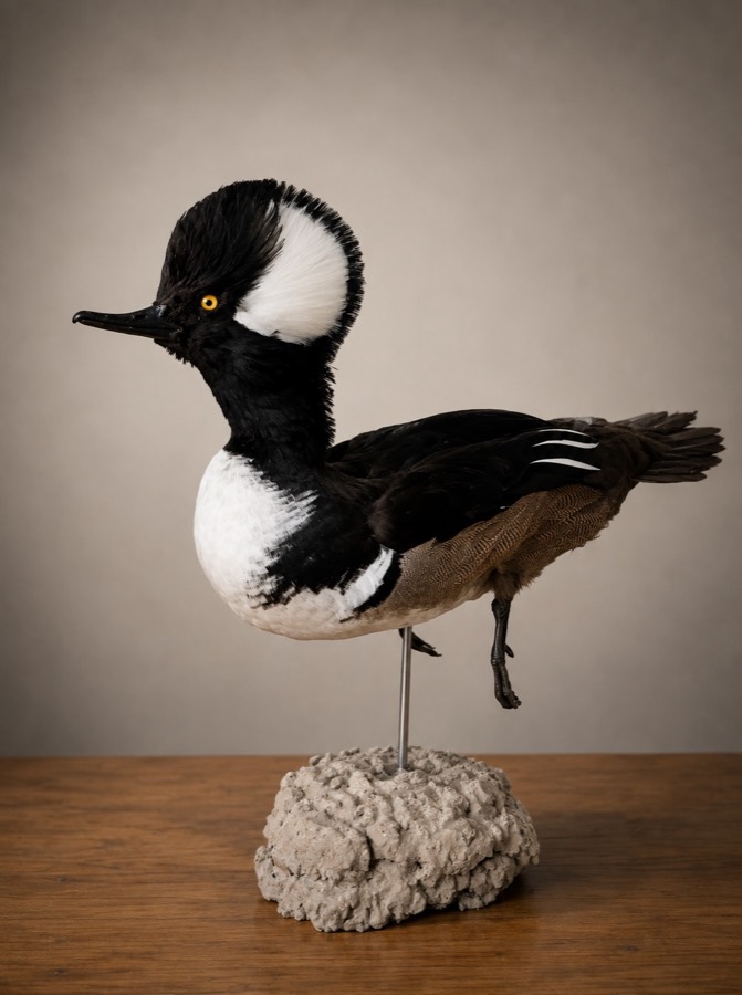 Hooded merganser drake mounted swimming on a river-rock base, white crest raised.