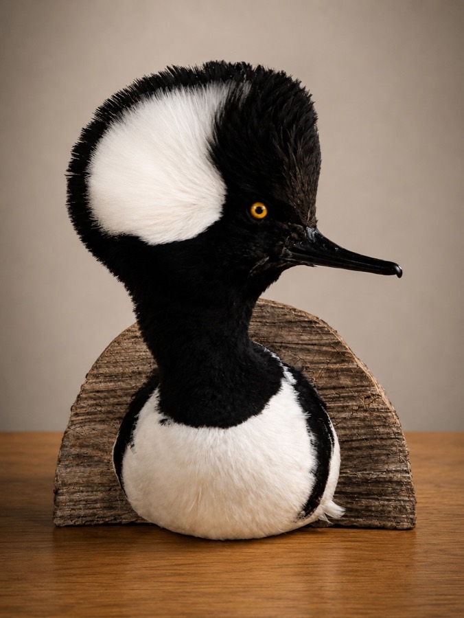 Hooded merganser shoulder mount, head on with the crest fanned wide, on a wood plaque.
