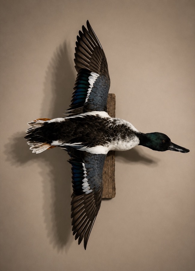 Northern shoveler drake mounted with wings fully spread in flight.