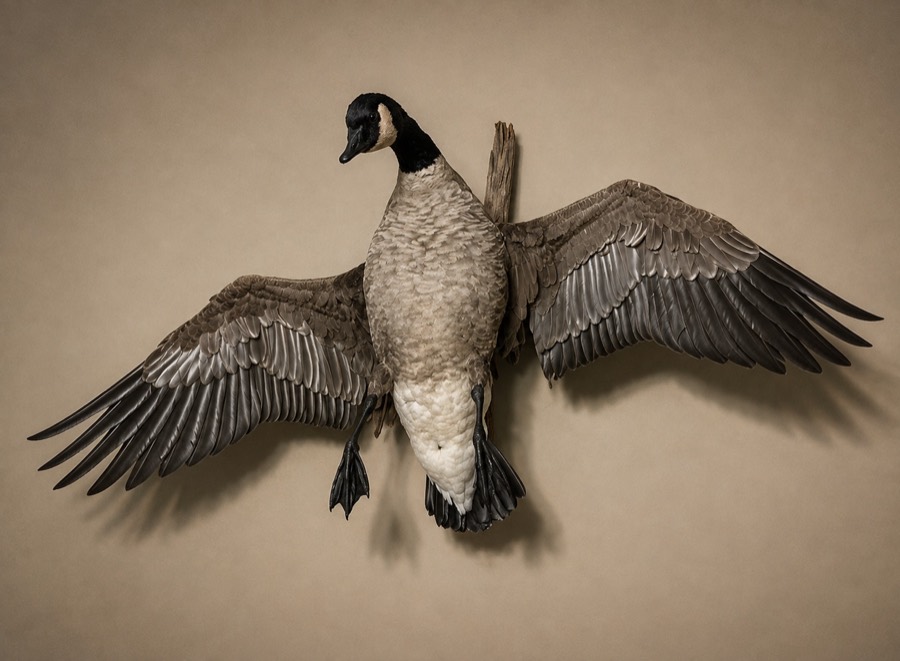 Canada goose mounted with wings fully outstretched.